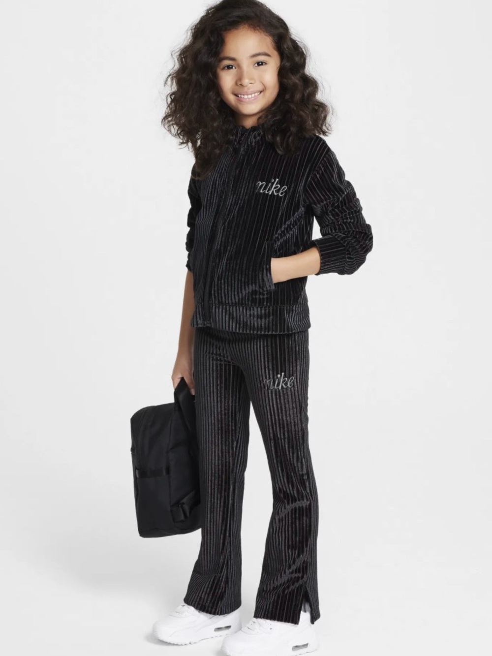 Nike Black Ribbed Velour Wide Leg Lounge Set Sz 6-7